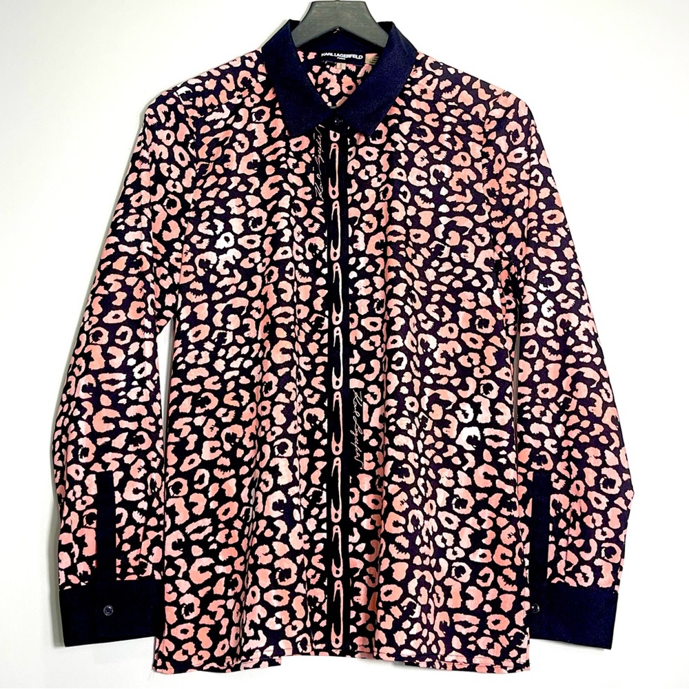 KARL LAGERFELD Women's Pink Black Animal Print Button Up Blouse Size Medium